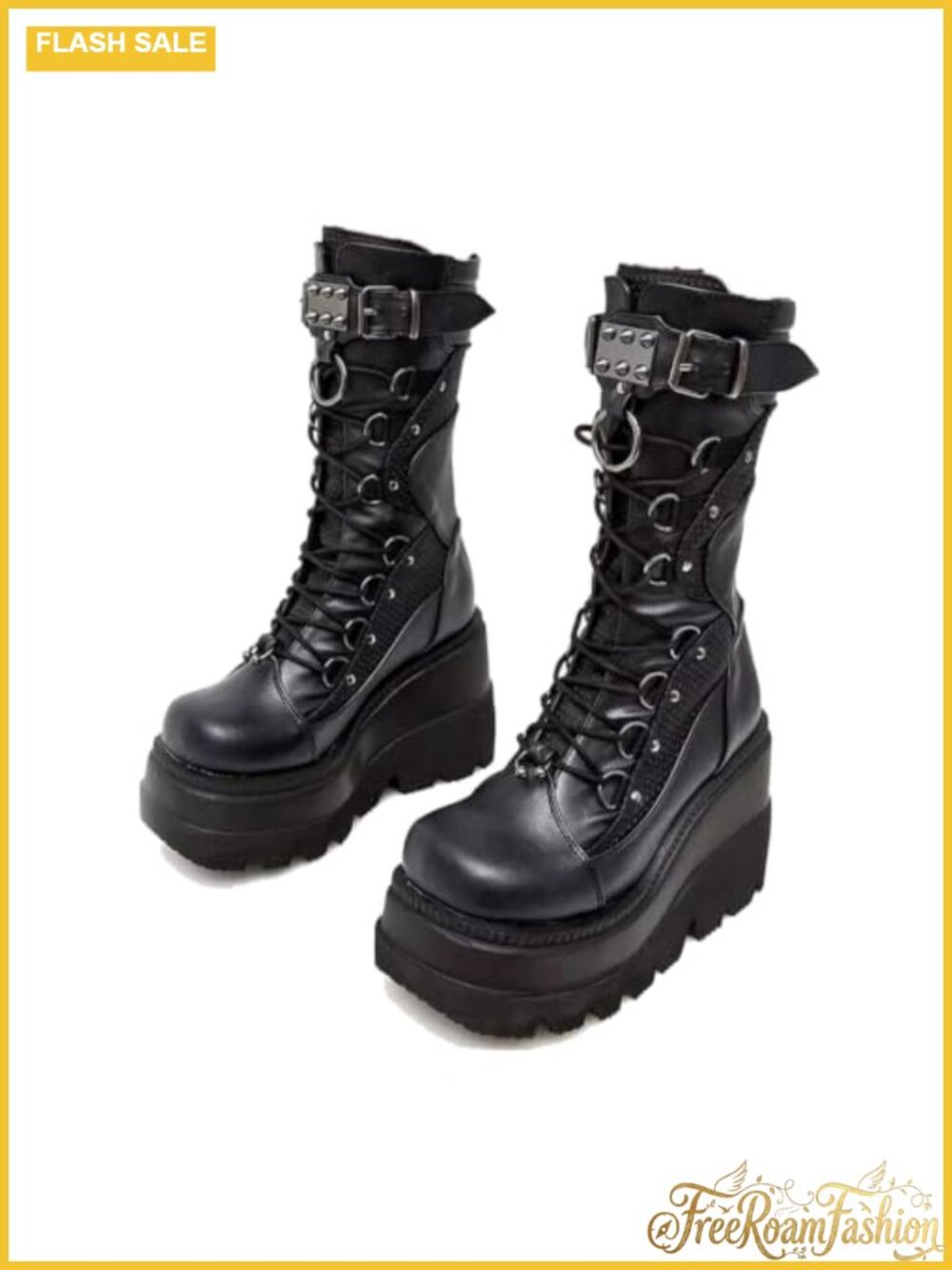 Gothic Punk Platform Mid-Calf Combat Boots Lace-Up Zipper Chunky Wedge